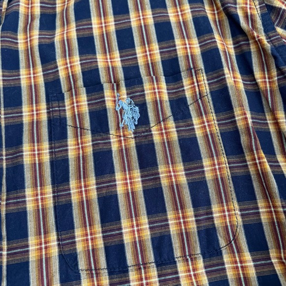 US Polo Button Down Long Sleeve Shirt Larg Blue Brown Plaid Collar Pocket Cotton - Picture 4 of 10